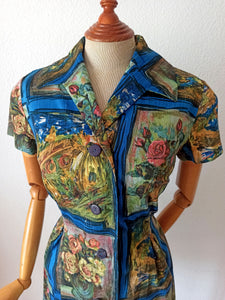 1960s - Gorgeous Novelty Paintings Cotton Dress - W29 (74cm)