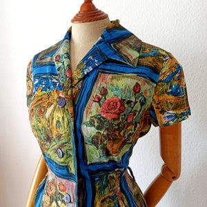 1960s - Gorgeous Novelty Paintings Cotton Dress - W29 (74cm)