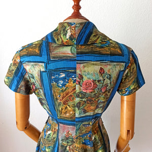 1960s - Gorgeous Novelty Paintings Cotton Dress - W29 (74cm)