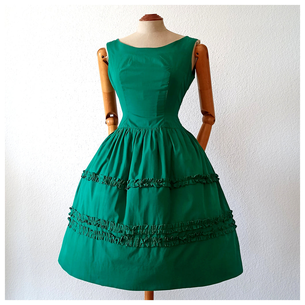 1950s 1960s - Gorgeous French Green Cotton Dress - W28.5 (72cm)