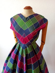 1950s - Stunning French Checked Satin Dress - W24.5 (62cm)