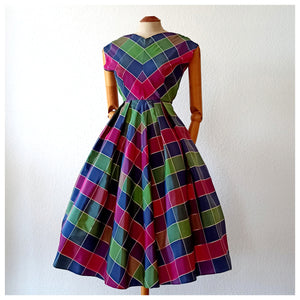 1950s - Stunning French Checked Satin Dress - W24.5 (62cm)