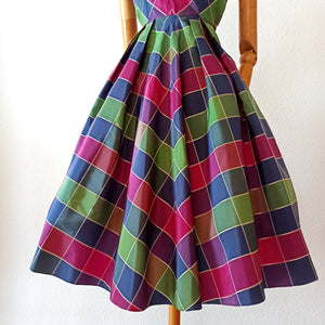 1950s - Stunning French Checked Satin Dress - W24.5 (62cm)