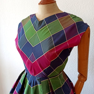 1950s - Stunning French Checked Satin Dress - W24.5 (62cm)