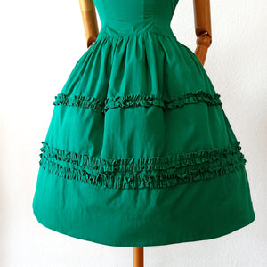 1950s 1960s - Gorgeous French Green Cotton Dress - W28.5 (72cm)