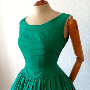 1950s 1960s - Gorgeous French Green Cotton Dress - W28.5 (72cm)