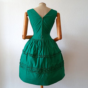 1950s 1960s - Gorgeous French Green Cotton Dress - W28.5 (72cm)