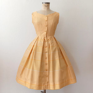 1950s - Adorable French Butter Yellow Striped Bolero Dress - W29 (74cm)