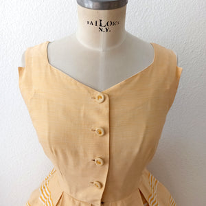 1950s - Adorable French Butter Yellow Striped Bolero Dress - W29 (74cm)