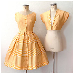 1950s - Adorable French Butter Yellow Striped Bolero Dress - W29 (74cm)