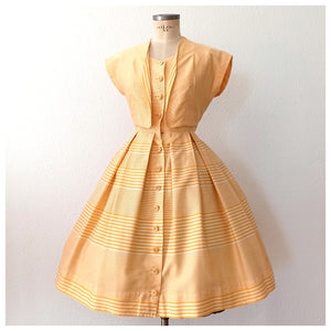 1950s - Adorable French Butter Yellow Striped Bolero Dress - W29 (74cm)