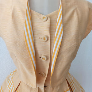 1950s - Adorable French Butter Yellow Striped Bolero Dress - W29 (74cm)