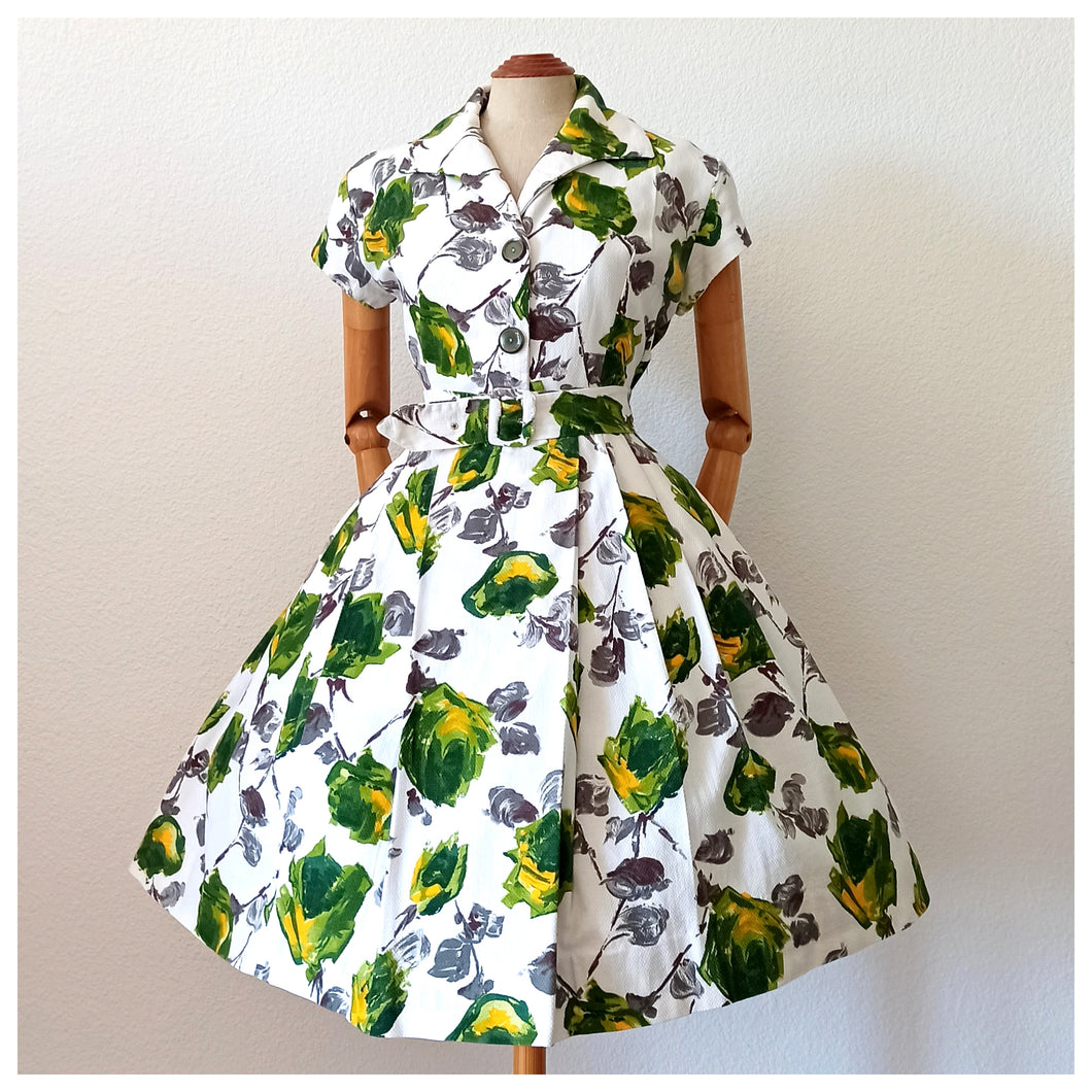 1950s - FONTANOR, Belgium - Fabulous Roseprint Dress - W30 (76cm)