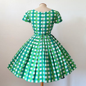 1950s 1960s - Adorable Green Checked Cotton Dress - W27 (68.5cm)