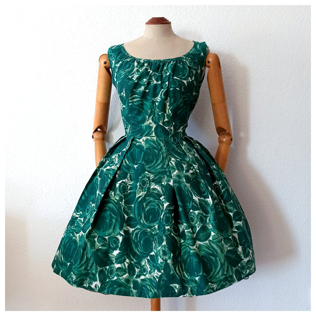 1950s 1960s - Gorgeous Green Roseprint Cotton Dress - W27 (68.5cm)