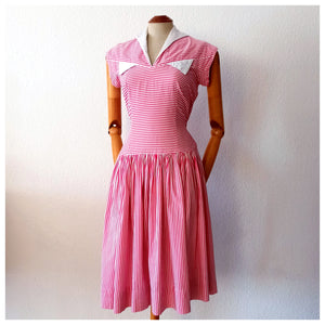 1940s - Iconic Candy Pink Stripes Cotton Dress - W30 (76cm)