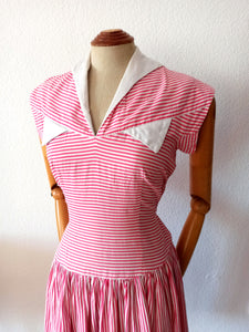 1940s - Iconic Candy Pink Stripes Cotton Dress - W30 (76cm)