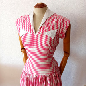 1940s - Iconic Candy Pink Stripes Cotton Dress - W30 (76cm)