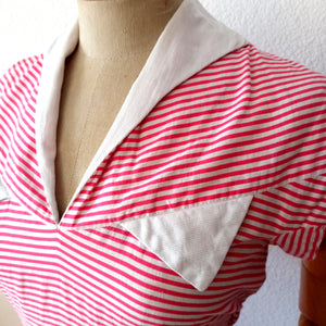 1940s - Iconic Candy Pink Stripes Cotton Dress - W30 (76cm)