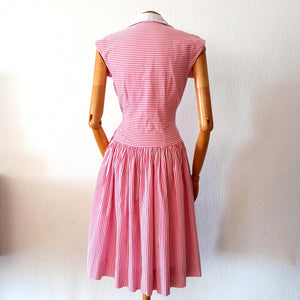 1940s - Iconic Candy Pink Stripes Cotton Dress - W30 (76cm)