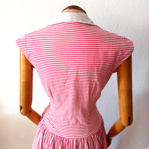 1940s - Iconic Candy Pink Stripes Cotton Dress - W30 (76cm)