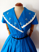 Load image into Gallery viewer, 1950s - ODILENE, Paris- Stunning Blue Cotton Dress - W32 (81cm)
