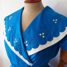 Load image into Gallery viewer, 1950s - ODILENE, Paris- Stunning Blue Cotton Dress - W32 (81cm)
