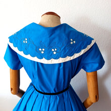 Load image into Gallery viewer, 1950s - ODILENE, Paris- Stunning Blue Cotton Dress - W32 (81cm)
