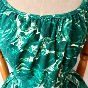 1950s 1960s - Gorgeous Green Roseprint Cotton Dress - W27 (68.5cm)