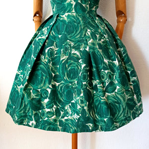 1950s 1960s - Gorgeous Green Roseprint Cotton Dress - W27 (68.5cm)