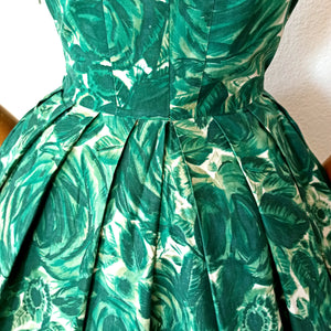 1950s 1960s - Gorgeous Green Roseprint Cotton Dress - W27 (68.5cm)