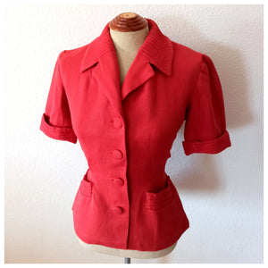 1940s 1950s - LE REUSSI, Paris - New Look Coral Red Linen Jacket  - W28 (72cm)