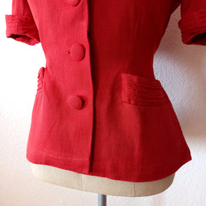 1940s 1950s - LE REUSSI, Paris - New Look Coral Red Linen Jacket  - W28 (72cm)