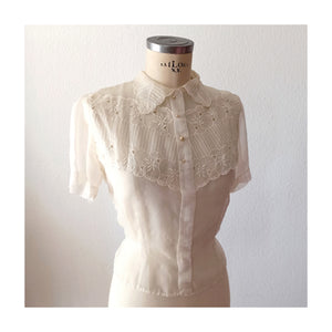 1950s - Gorgeous French Embroidery Nylon Blouse - W35 (88cm)