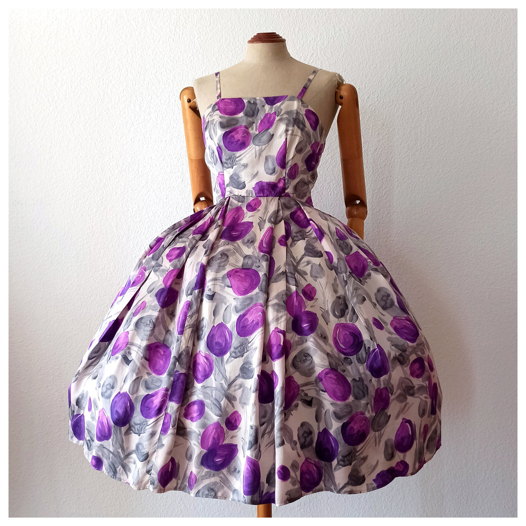 1950s - Stunning Satin Silk Floral Dress - W27 (68.5cm)