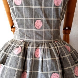 1950s 1960s - Adorable Grey Roses Cotton Dress - W27 (68.5cm)