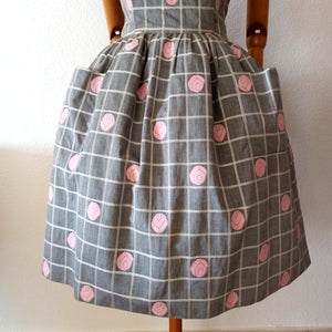 1950s 1960s - Adorable Grey Roses Cotton Dress - W27 (68.5cm)