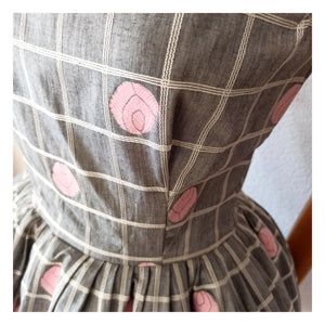 1950s 1960s - Adorable Grey Roses Cotton Dress - W27 (68.5cm)