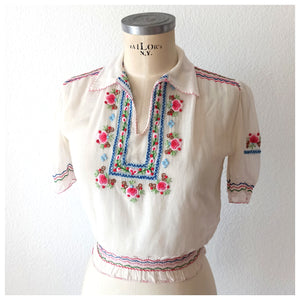 1940s - MODEX, Hungary - Gorgeous Hand Embroidery Gaz Blouse - W30 (76cm)