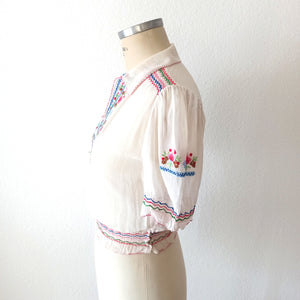 1940s - MODEX, Hungary - Gorgeous Hand Embroidery Gaz Blouse - W30 (76cm)