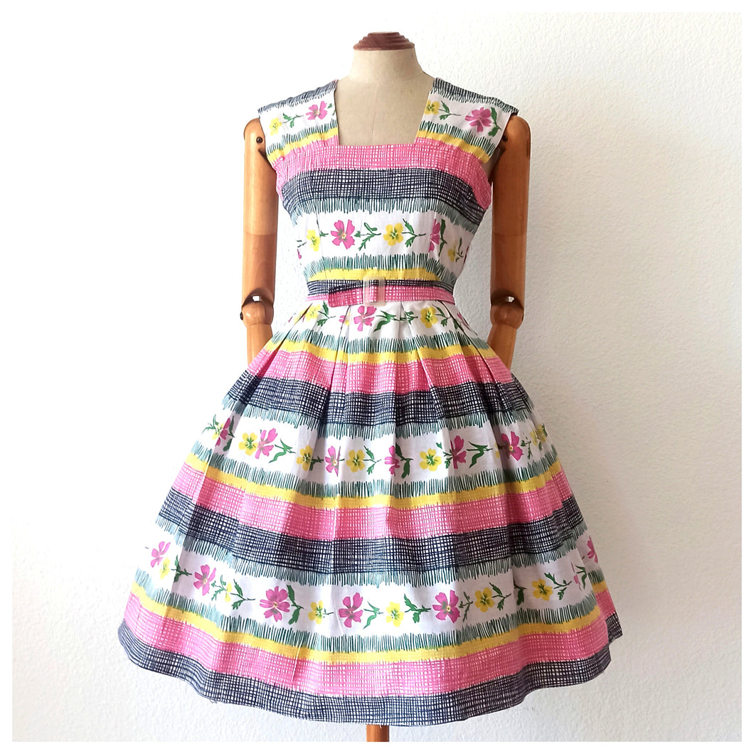 1950s - HR LE TREFORTS, France - Adorable Cotton Dress - W28 (71cm)