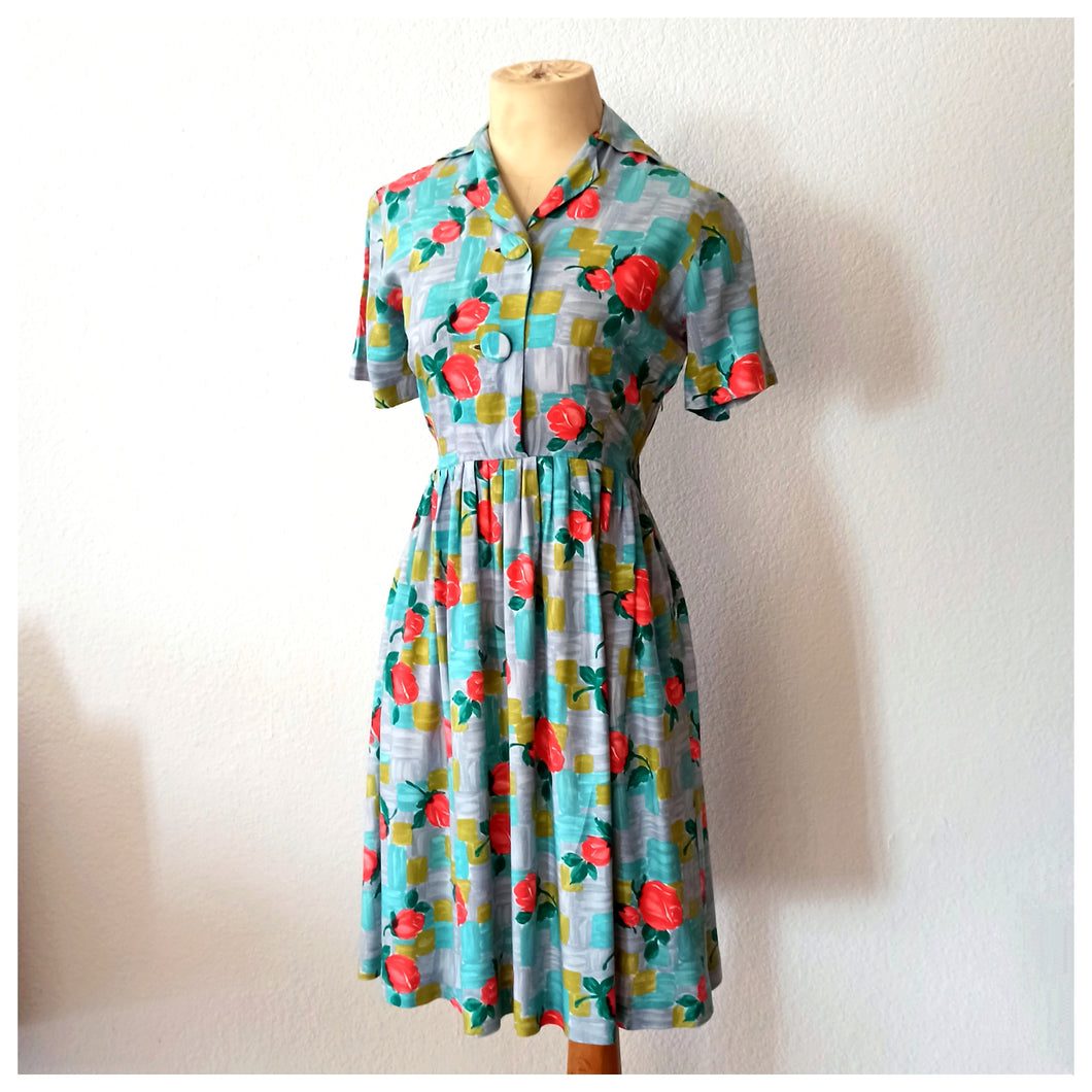 1950s - Lovely Roseprint Rayon Dress - W26 (66cm)