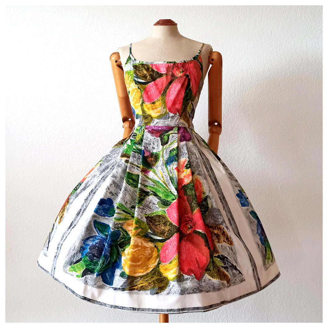 1950s - Italy - Outstanding Large Scale Floral Print Dress - W28 (70cm)