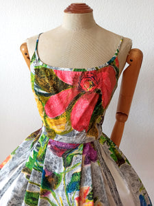 1950s - Italy - Outstanding Large Scale Floral Print Dress - W28 (70cm)