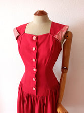 Load image into Gallery viewer, 1940s 1950s - Gorgeous French Red Stripes Gab Rayon Dress - W30 (76cm)
