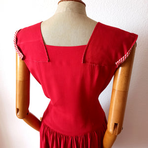 1940s 1950s - Gorgeous French Red Stripes Gab Rayon Dress - W30 (76cm)