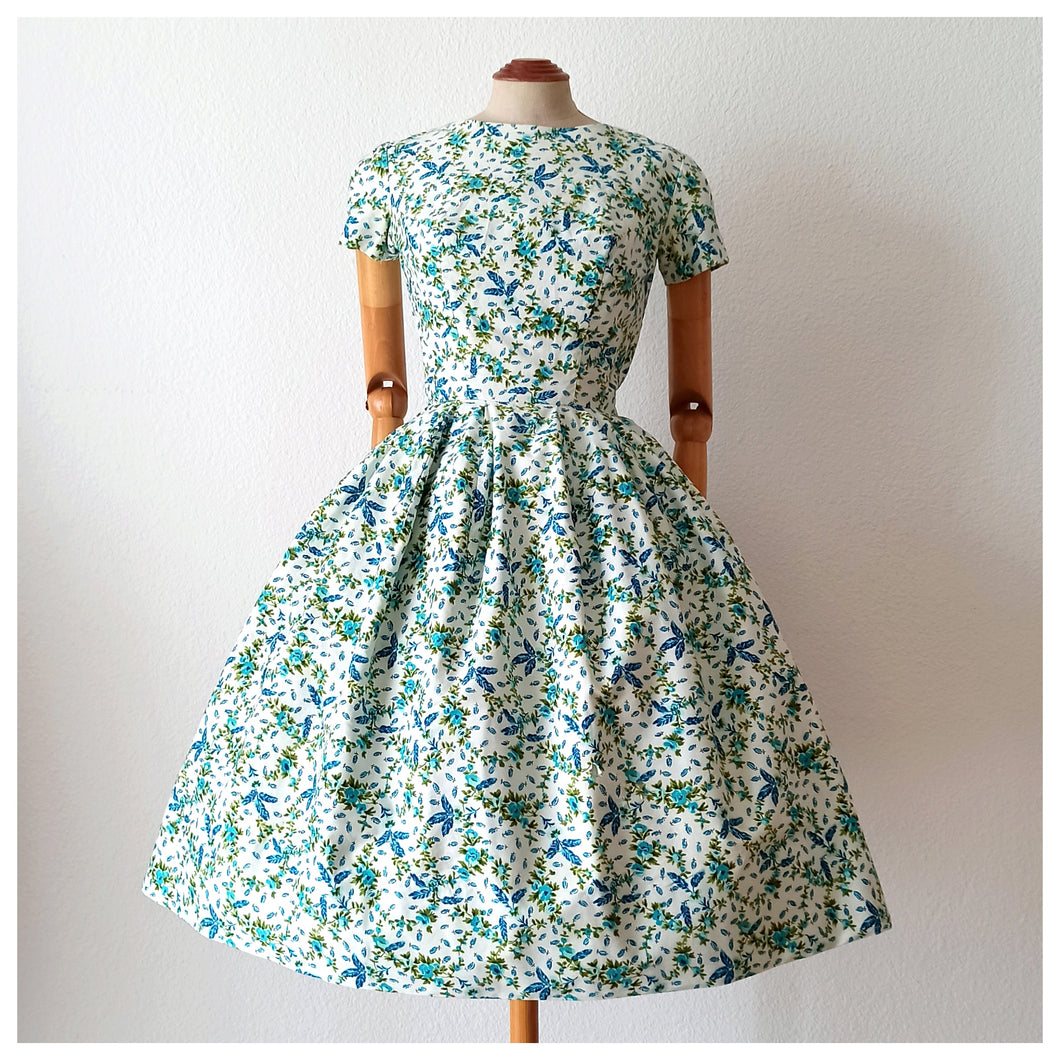 1950s - Exquisite French Couture Floral Cotton Dress - W26 (66cm)