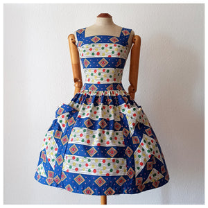 1950s - Fabulous Colorful Pocket Cotton Dress - W25 (64cm)