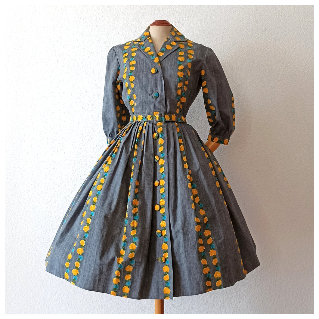 1950s - COUTURE MILOU, Belgium - Outstanding Roseprint Dress - W27/28 (68.5/72cm)