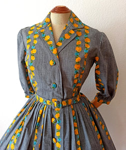 1950s - COUTURE MILOU, Belgium - Outstanding Roseprint Dress - W27/28 (68.5/72cm)